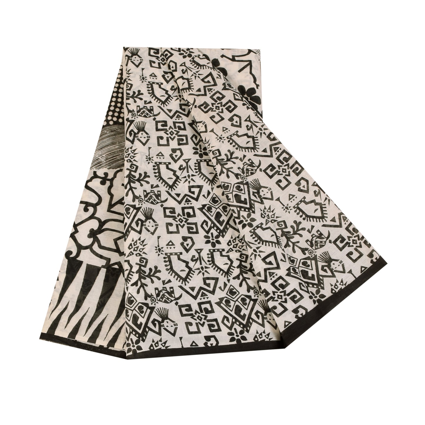 Sanskriti Vintage Sarees Ivory & Black Pure Cotton Print Sari 5+yd Craft Sustainable Fabric