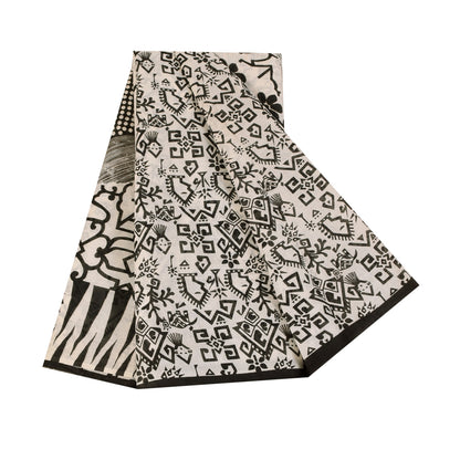 Sanskriti Vintage Sarees Ivory & Black Pure Cotton Print Sari 5+yd Craft Sustainable Fabric