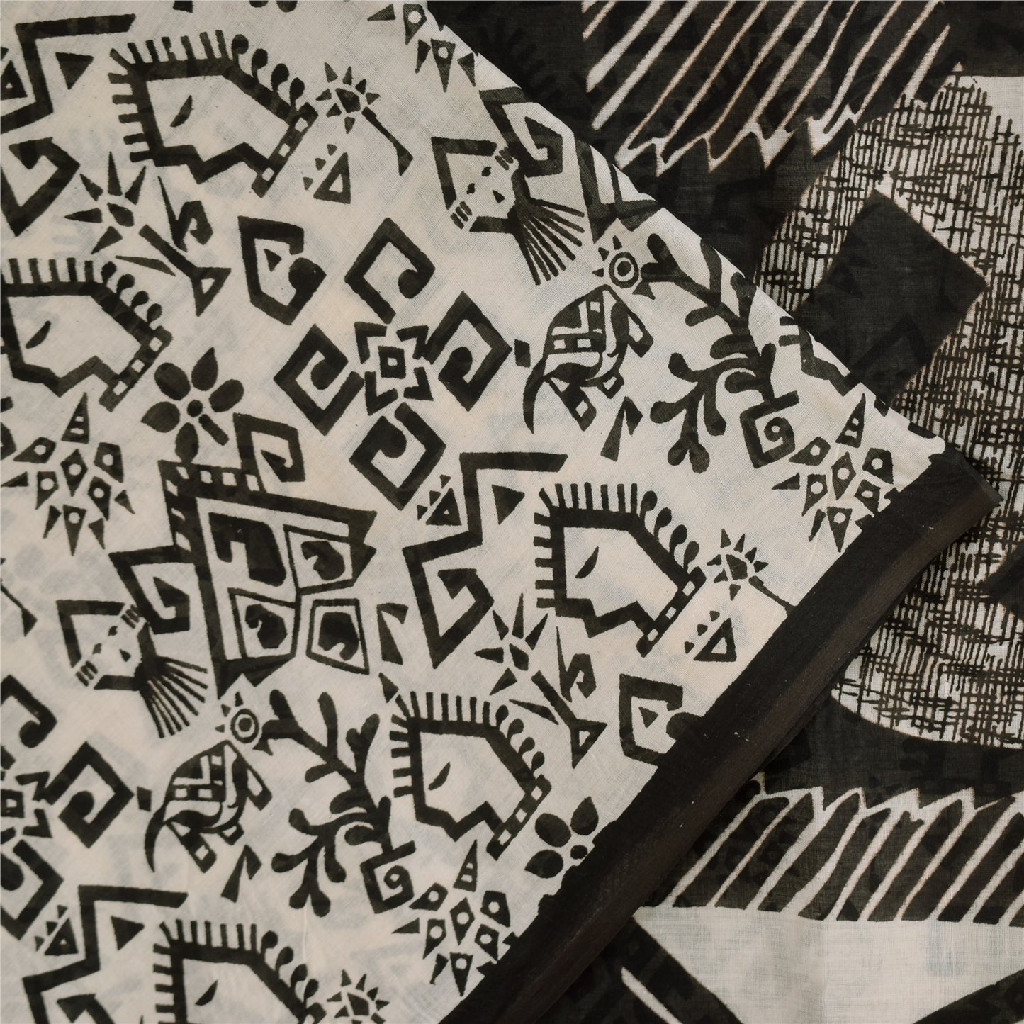 Sanskriti Vintage Sarees Ivory & Black Pure Cotton Print Sari 5+yd Craft Sustainable Fabric