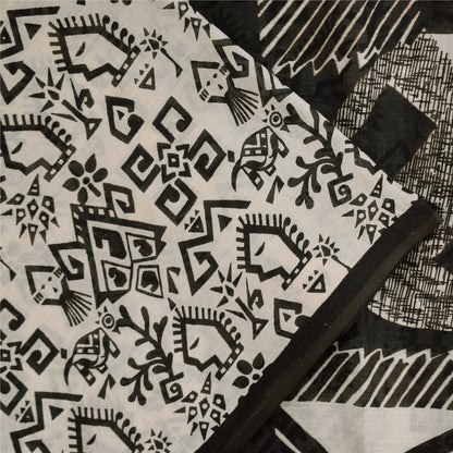 Sanskriti Vintage Sarees Ivory & Black Pure Cotton Print Sari 5+yd Craft Sustainable Fabric