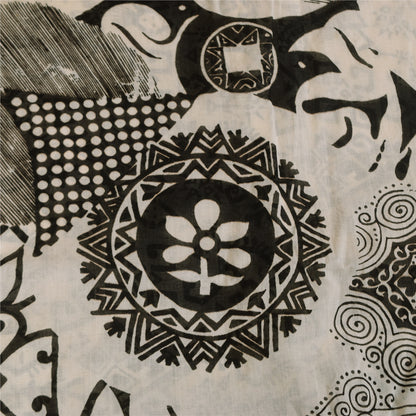 Sanskriti Vintage Sarees Ivory & Black Pure Cotton Print Sari 5+yd Craft Sustainable Fabric