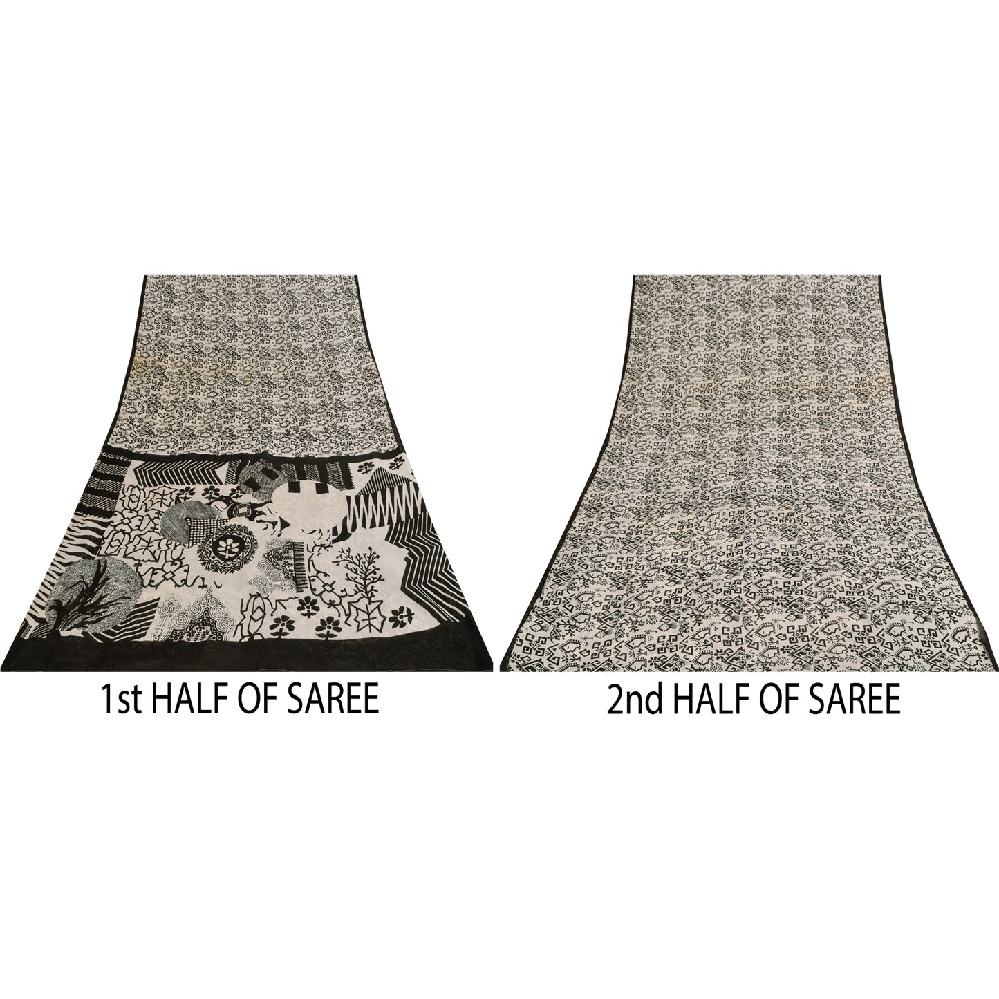 Sanskriti Vintage Sarees Ivory & Black Pure Cotton Print Sari 5+yd Craft Sustainable Fabric