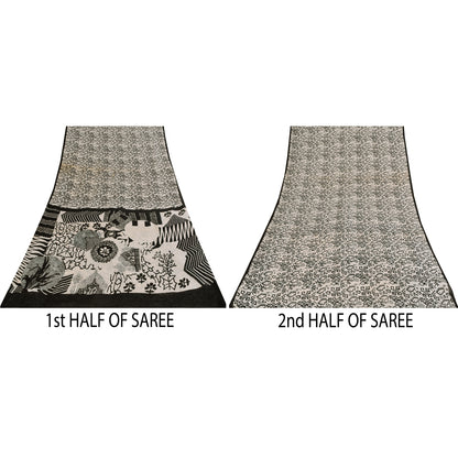 Sanskriti Vintage Sarees Ivory & Black Pure Cotton Print Sari 5+yd Craft Sustainable Fabric