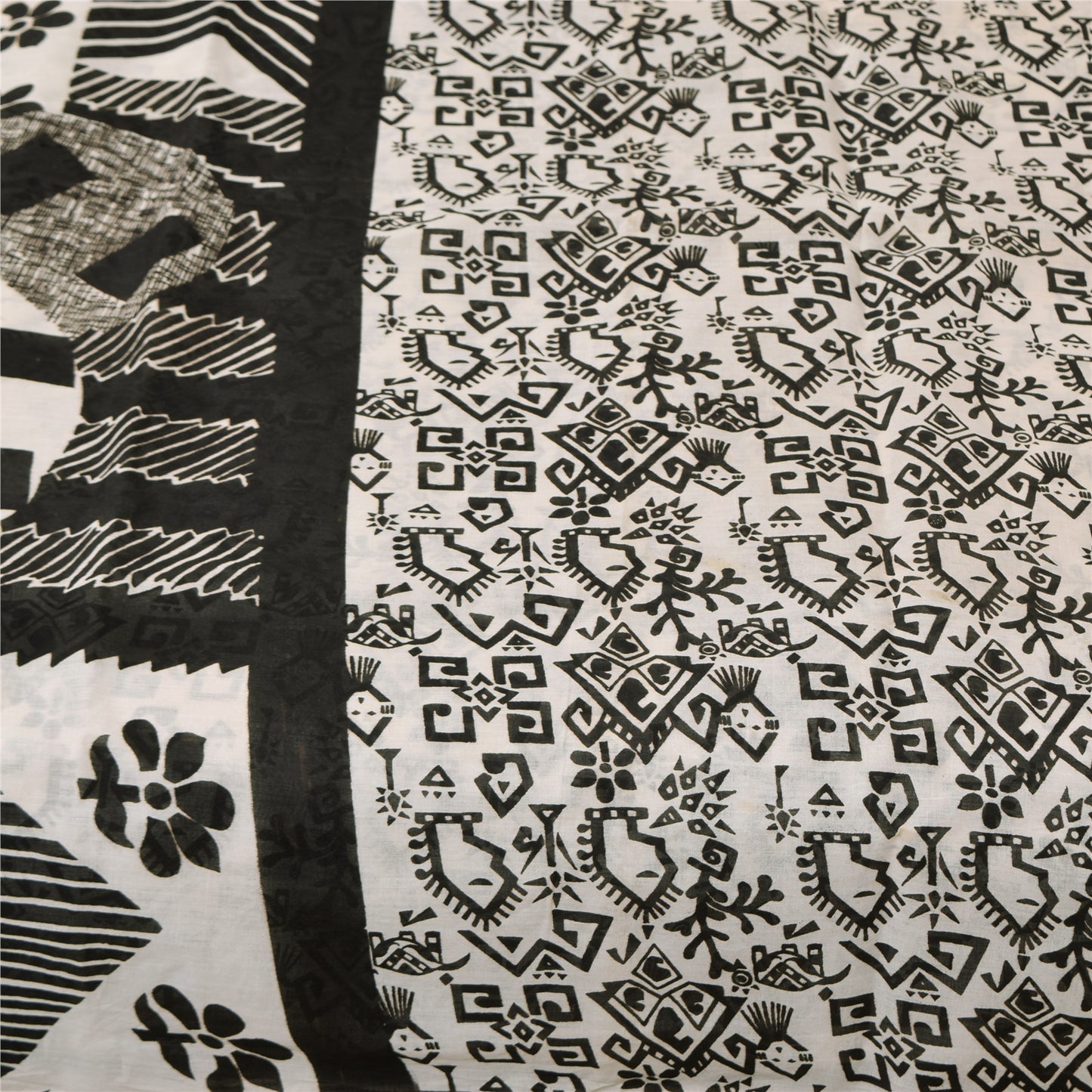 Sanskriti Vintage Sarees Ivory & Black Pure Cotton Print Sari 5+yd Craft Sustainable Fabric