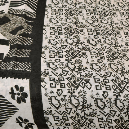 Sanskriti Vintage Sarees Ivory & Black Pure Cotton Print Sari 5+yd Craft Sustainable Fabric