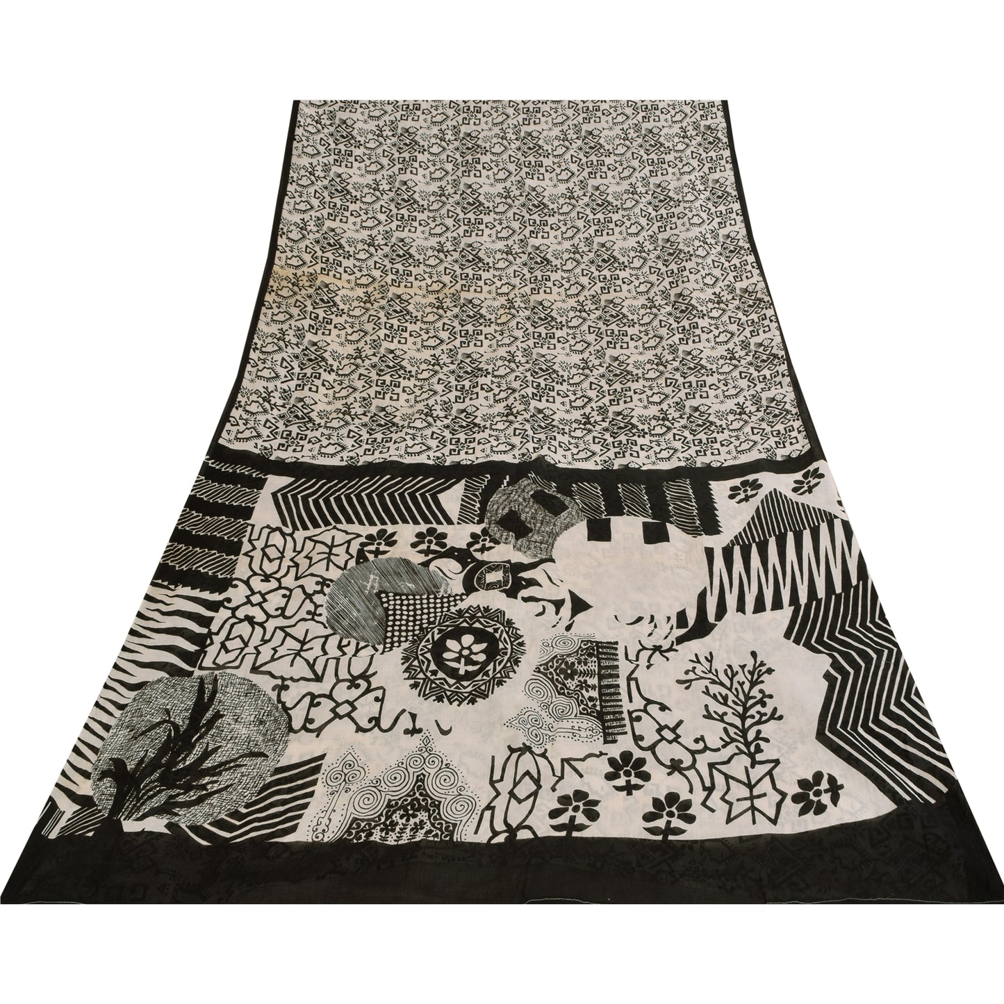 Sanskriti Vintage Sarees Ivory & Black Pure Cotton Print Sari 5+yd Craft Sustainable Fabric