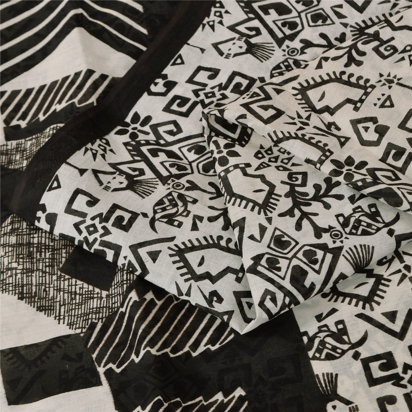 Sanskriti Vintage Sarees Ivory & Black Pure Cotton Print Sari 5+yd Craft Sustainable Fabric