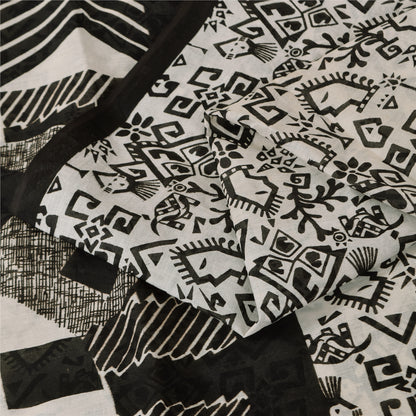 Sanskriti Vintage Sarees Ivory & Black Pure Cotton Print Sari 5+yd Craft Sustainable Fabric