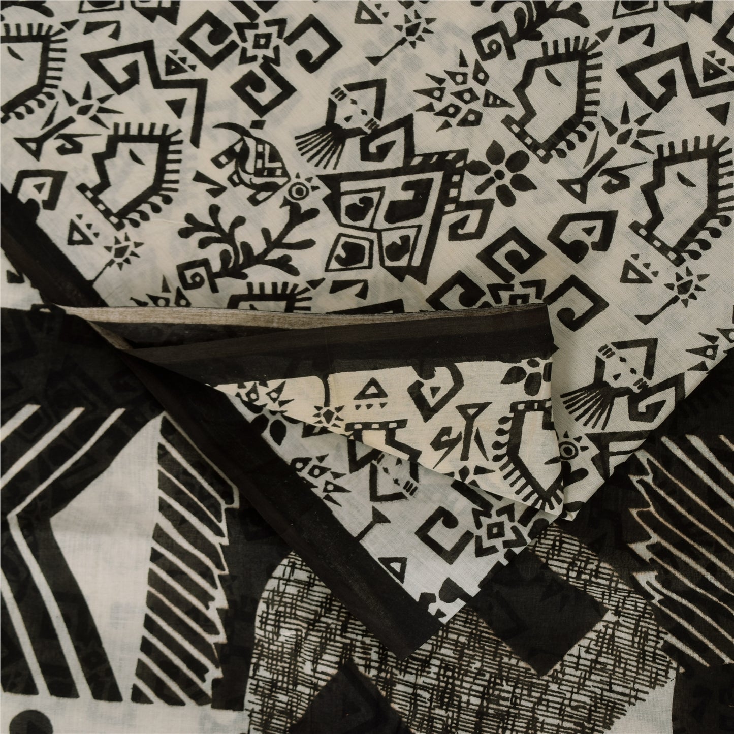 Sanskriti Vintage Sarees Ivory & Black Pure Cotton Print Sari 5+yd Craft Sustainable Fabric