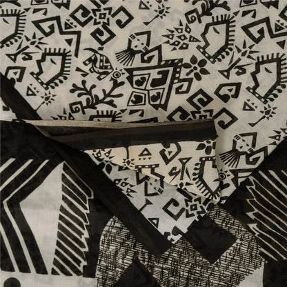 Sanskriti Vintage Sarees Ivory & Black Pure Cotton Print Sari 5+yd Craft Sustainable Fabric