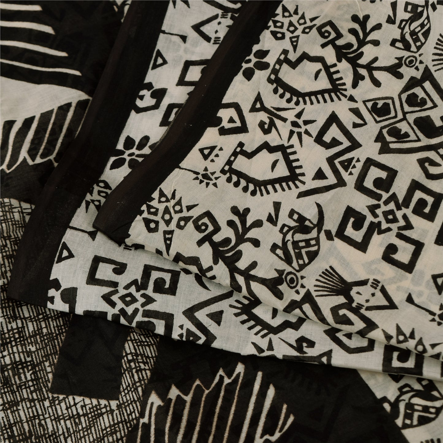 Sanskriti Vintage Sarees Ivory & Black Pure Cotton Print Sari 5+yd Craft Sustainable Fabric