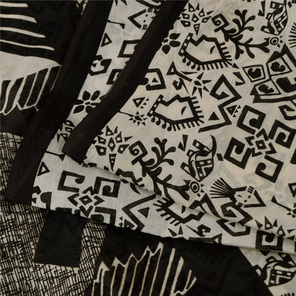 Sanskriti Vintage Sarees Ivory & Black Pure Cotton Print Sari 5+yd Craft Sustainable Fabric