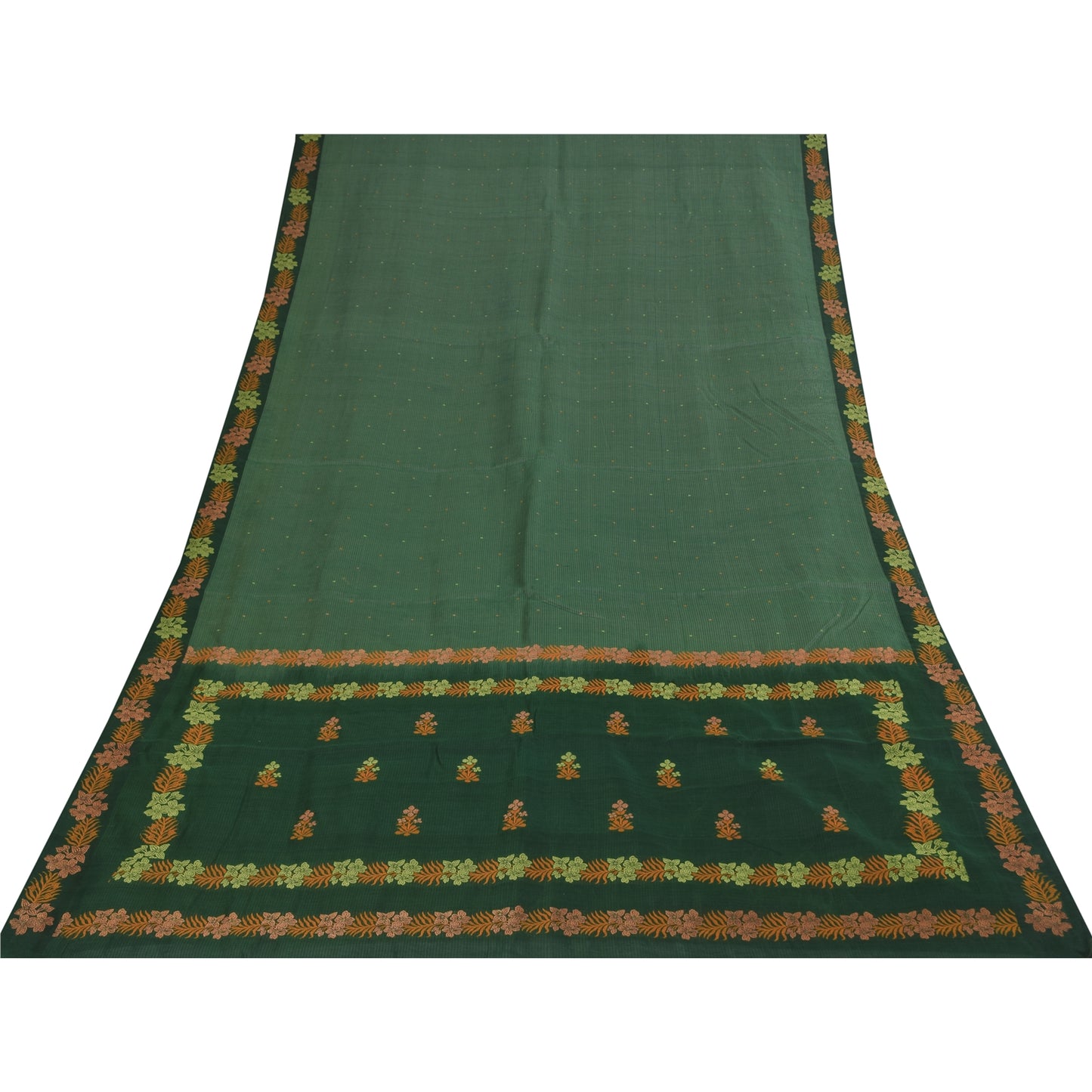 Sanskriti Vintage Sarier Indisk Grøn Broderet Ren Bomuldssari 5+ yards Bæredygtigt Stof