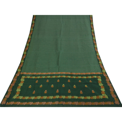 Sanskriti Vintage Sarier Indisk Grøn Broderet Ren Bomuldssari 5+ yards Bæredygtigt Stof