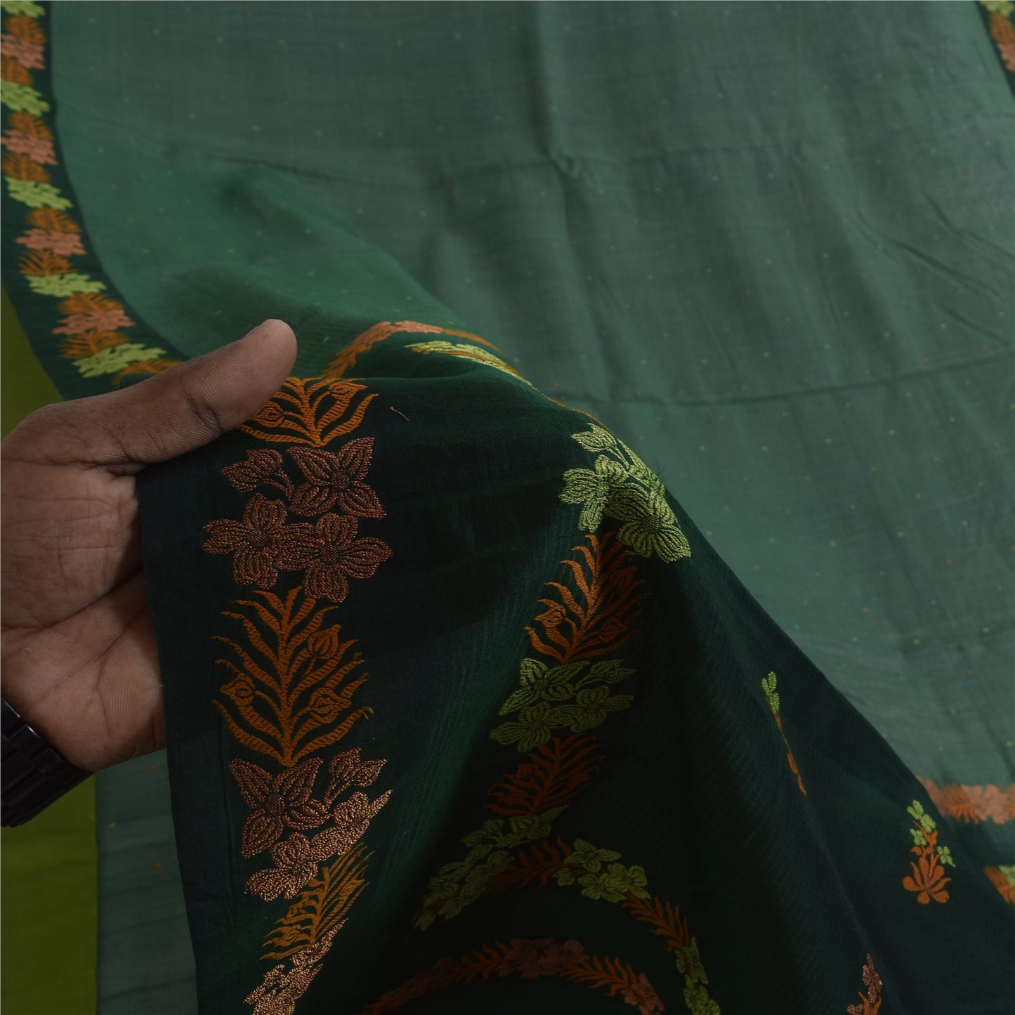 Sanskriti Vintage Sarier Indisk Grøn Broderet Ren Bomuldssari 5+ yards Bæredygtigt Stof