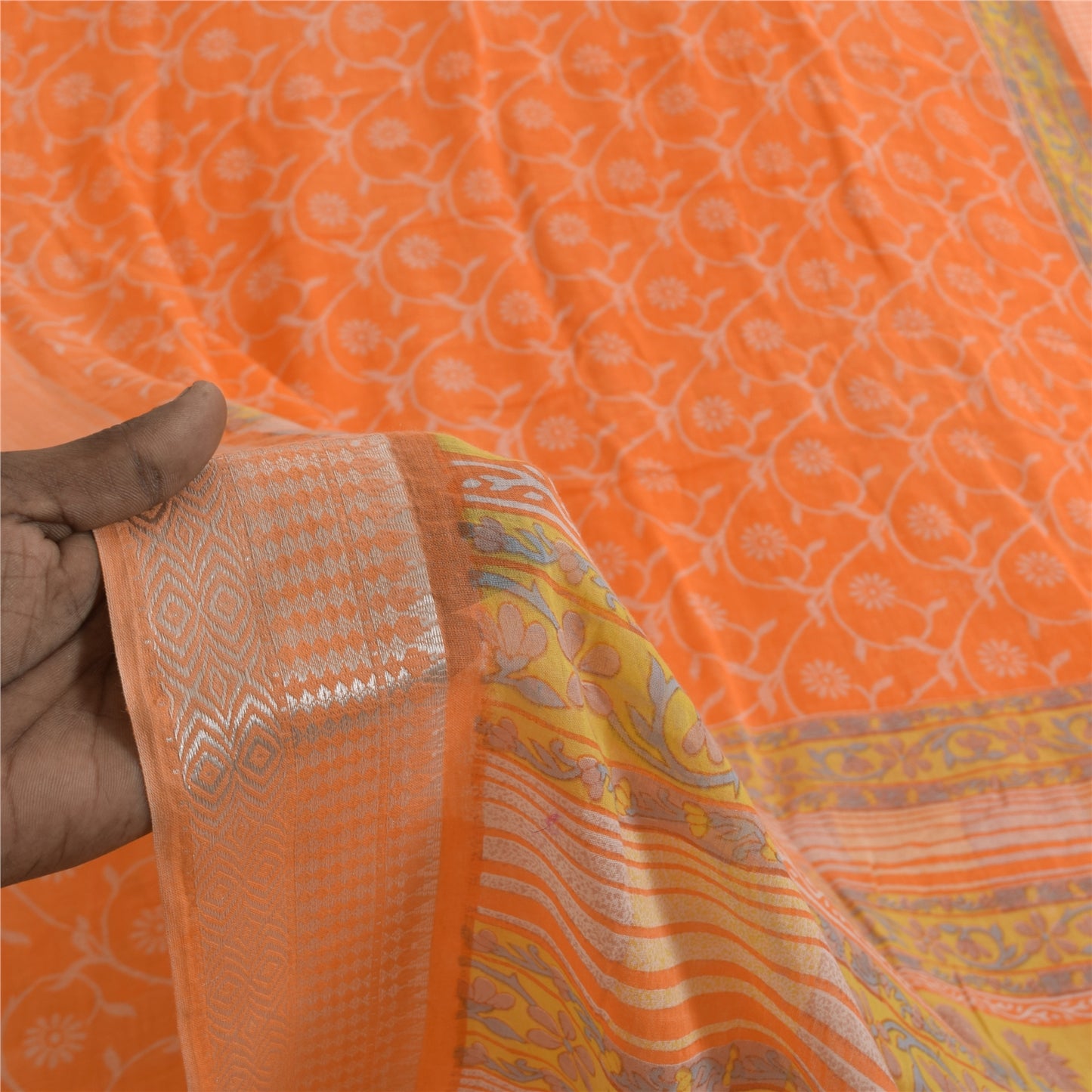 Sanskriti Vintage Sarees Indian Orange Pure Cotton Print Sari 5+yd Craft Sustainable Fabric