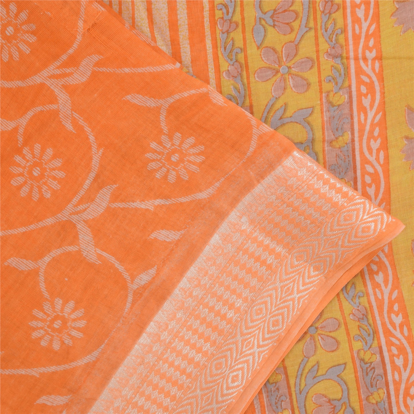 Sanskriti Vintage Sarees Indian Orange Pure Cotton Print Sari 5+yd Craft Sustainable Fabric
