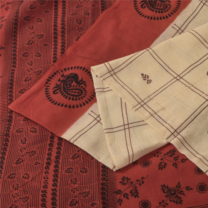 Sanskriti Vintage Sarees Cream Pure Cotton Peacock Print Sari 5+yd Craft Sustainable Fabric