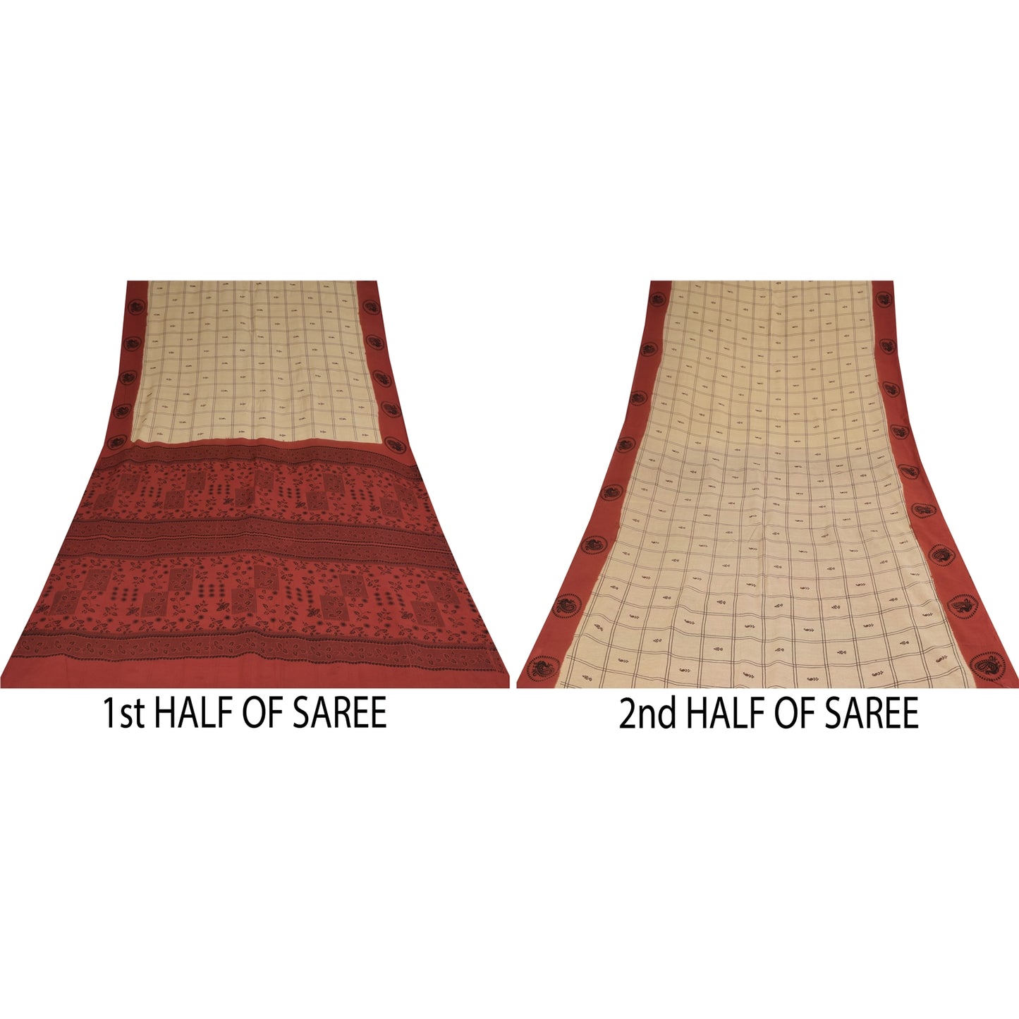 Sanskriti Vintage Sarees Cream Pure Cotton Peacock Print Sari 5+yd Craft Sustainable Fabric