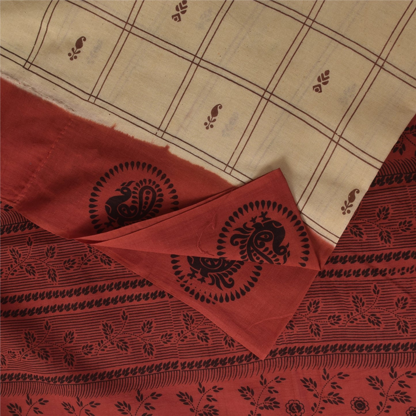 Sanskriti Vintage Sarees Cream Pure Cotton Peacock Print Sari 5+yd Craft Sustainable Fabric