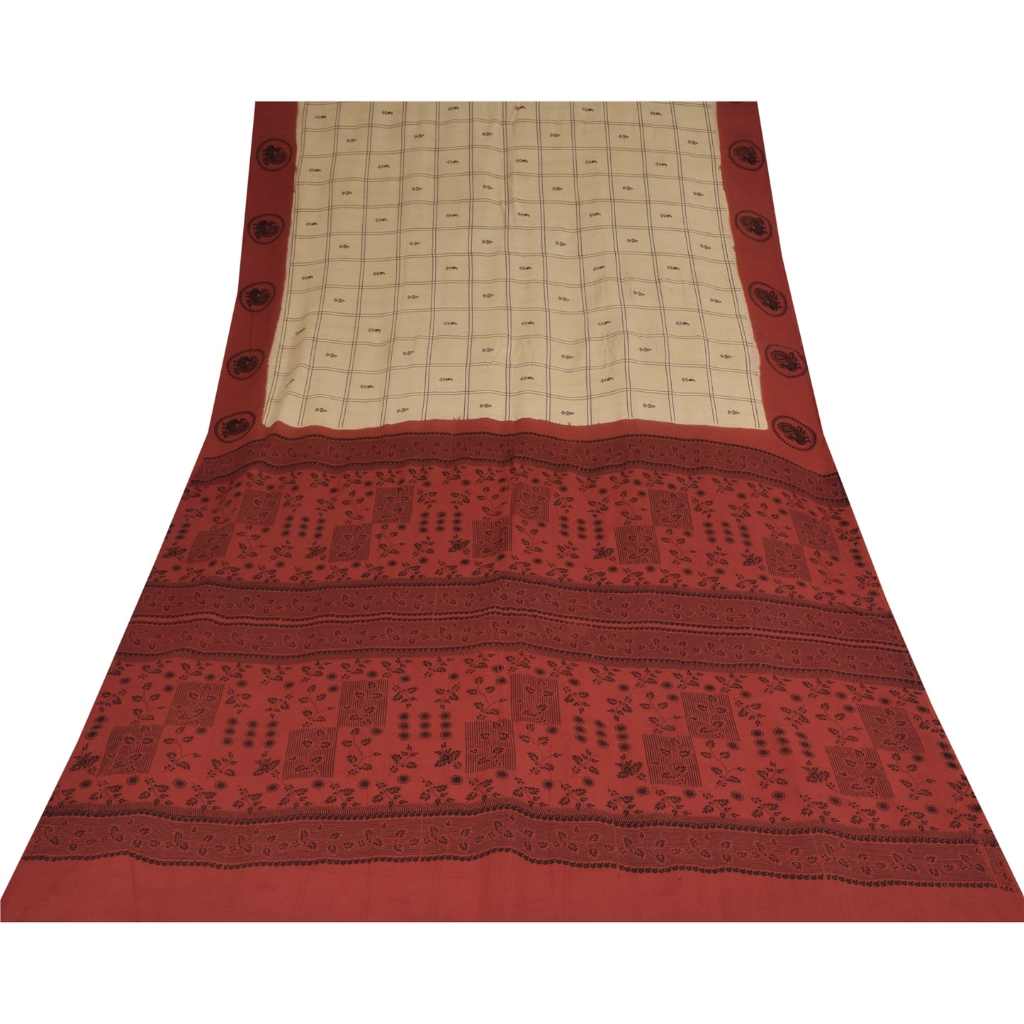 Sanskriti Vintage Sarees Cream Pure Cotton Peacock Print Sari 5+yd Craft Sustainable Fabric