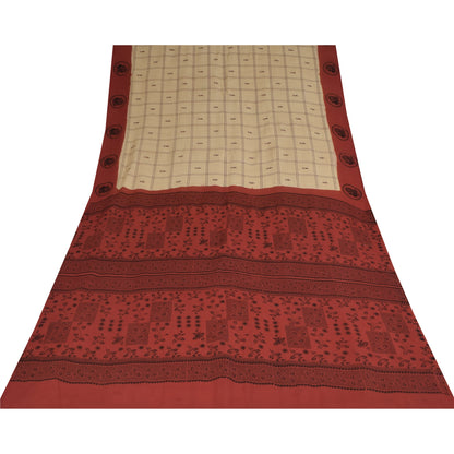 Sanskriti Vintage Sarees Cream Pure Cotton Peacock Print Sari 5+yd Craft Sustainable Fabric