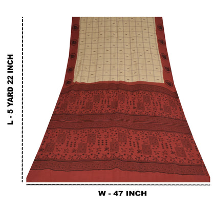 Sanskriti Vintage Sarees Cream Pure Cotton Peacock Print Sari 5+yd Craft Sustainable Fabric