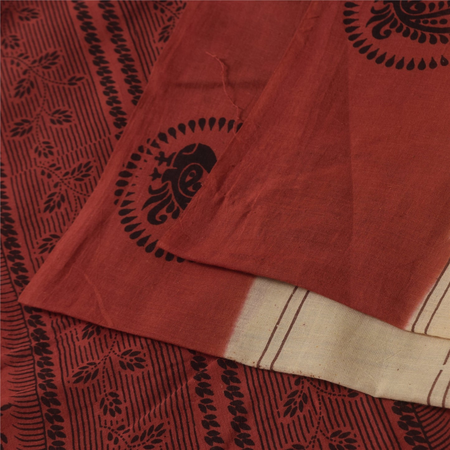 Sanskriti Vintage Sarees Cream Pure Cotton Peacock Print Sari 5+yd Craft Sustainable Fabric