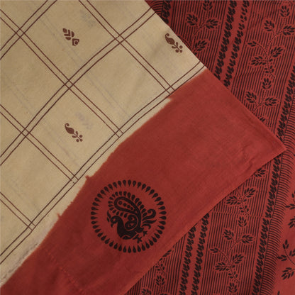 Sanskriti Vintage Sarees Cream Pure Cotton Peacock Print Sari 5+yd Craft Sustainable Fabric