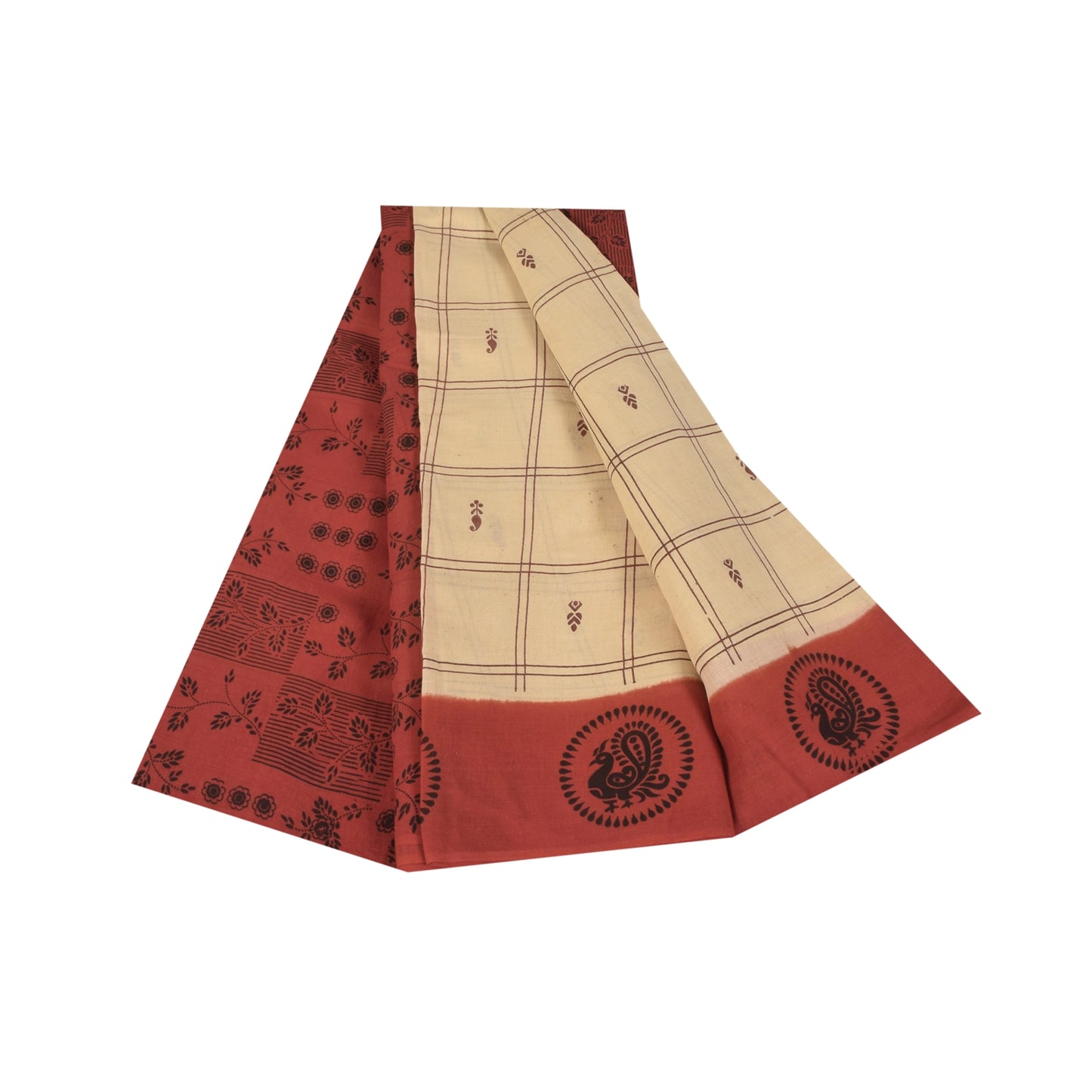 Sanskriti Vintage Sarees Cream Pure Cotton Peacock Print Sari 5+yd Craft Sustainable Fabric