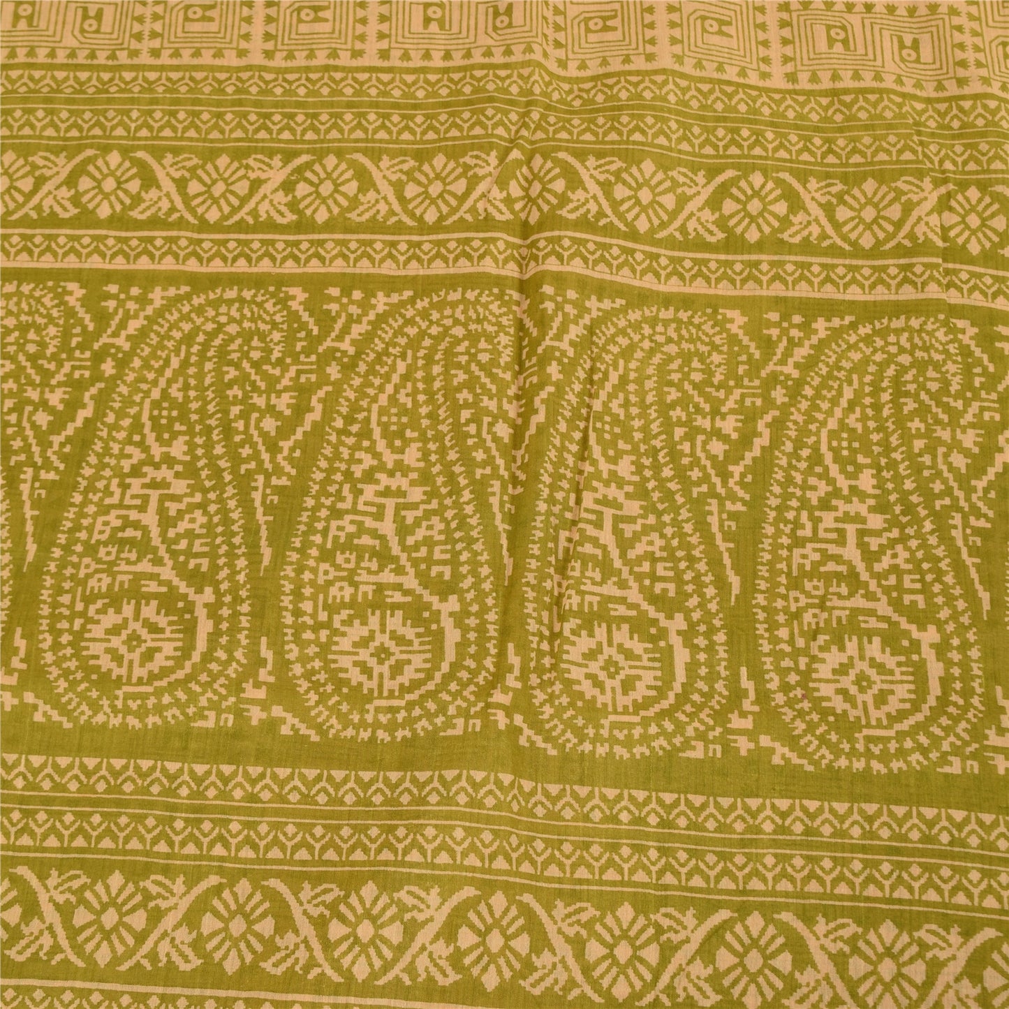 Sanskriti Vintage Sarees Cream & Green Pure Cotton Print Zari Border Sari Fabric