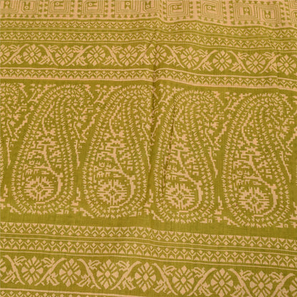 Sanskriti Vintage Sarees Cream & Green Pure Cotton Print Zari Border Sari Fabric