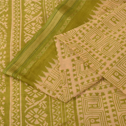 Sanskriti Vintage Sarees Cream & Green Pure Cotton Print Zari Border Sari Fabric