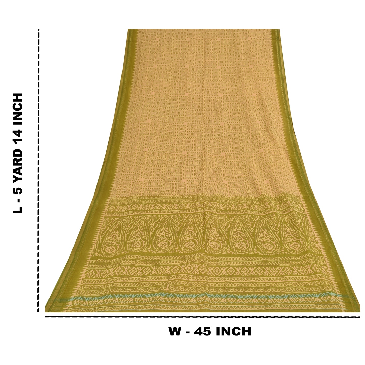 Sanskriti Vintage Sarees Cream & Green Pure Cotton Print Zari Border Sari Fabric