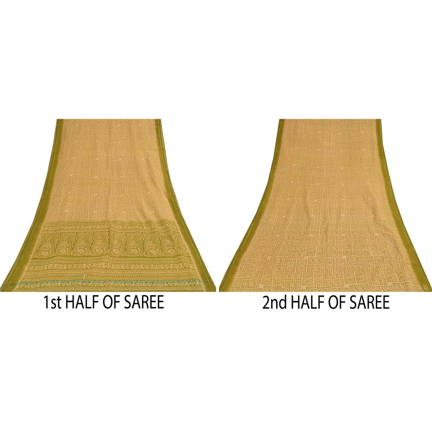 Sanskriti Vintage Sarees Cream & Green Pure Cotton Print Zari Border Sari Fabric