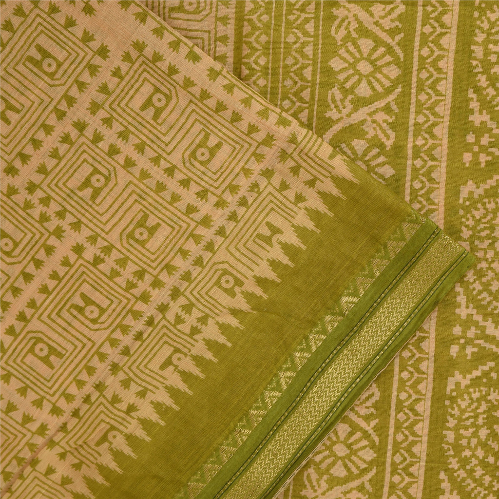 Sanskriti Vintage Sarees Cream & Green Pure Cotton Print Zari Border Sari Fabric
