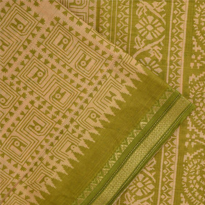 Sanskriti Vintage Sarees Cream & Green Pure Cotton Print Zari Border Sari Fabric