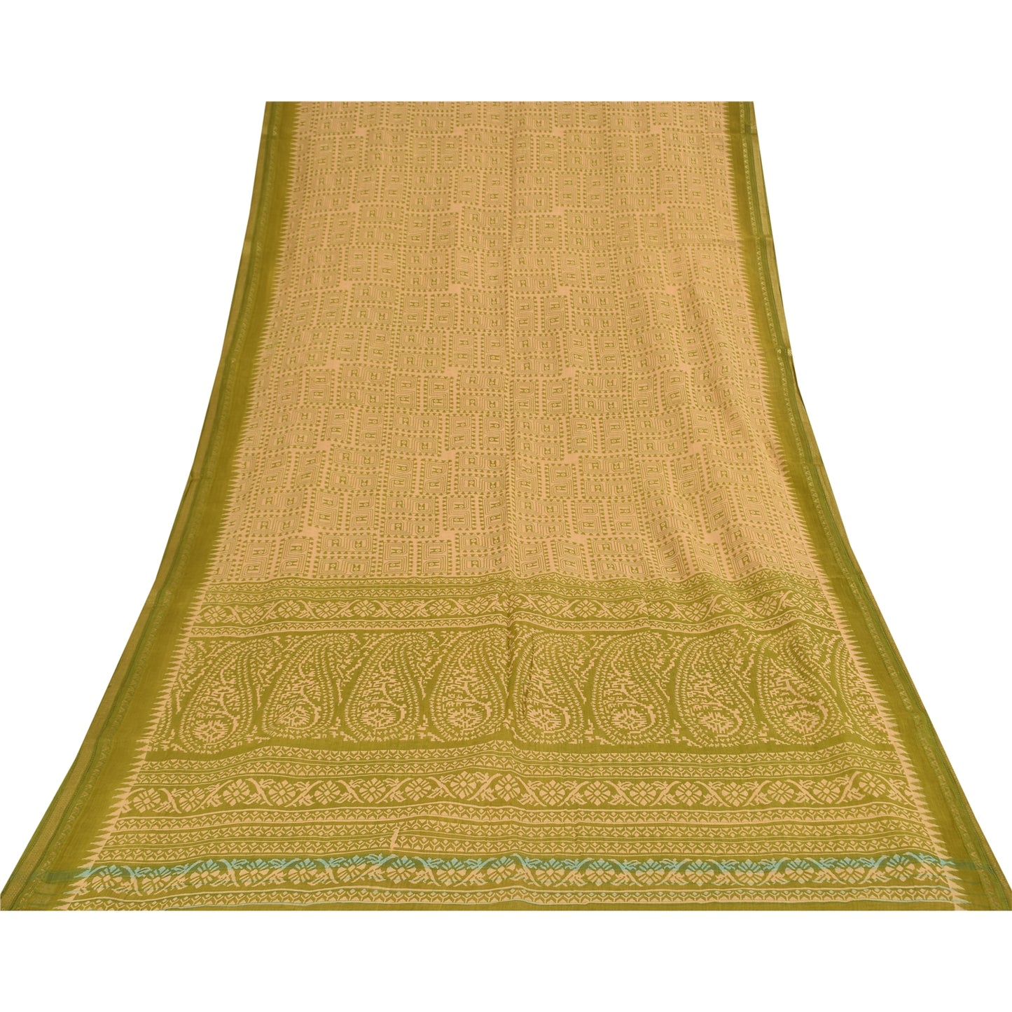 Sanskriti Vintage Sarees Cream & Green Pure Cotton Print Zari Border Sari Fabric