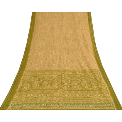 Sanskriti Vintage Sarees Cream & Green Pure Cotton Print Zari Border Sari Fabric