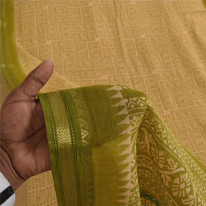 Sanskriti Vintage Sarees Cream & Green Pure Cotton Print Zari Border Sari Fabric