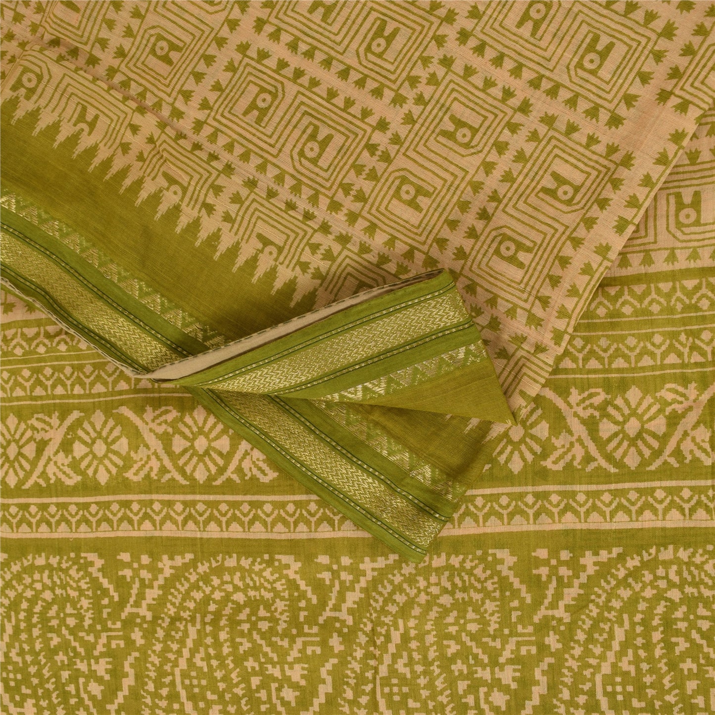 Sanskriti Vintage Sarees Cream & Green Pure Cotton Print Zari Border Sari Fabric