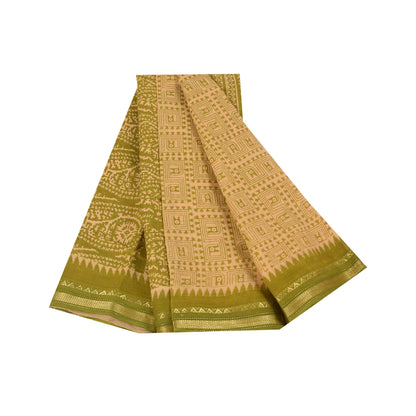 Sanskriti Vintage Sarees Cream & Green Pure Cotton Print Zari Border Sari Fabric