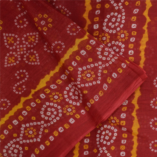 Sanskriti Vintage Sarees Red Bandhani Printed Pure Cotton Sari 5+yd Craft Sustainable Fabric