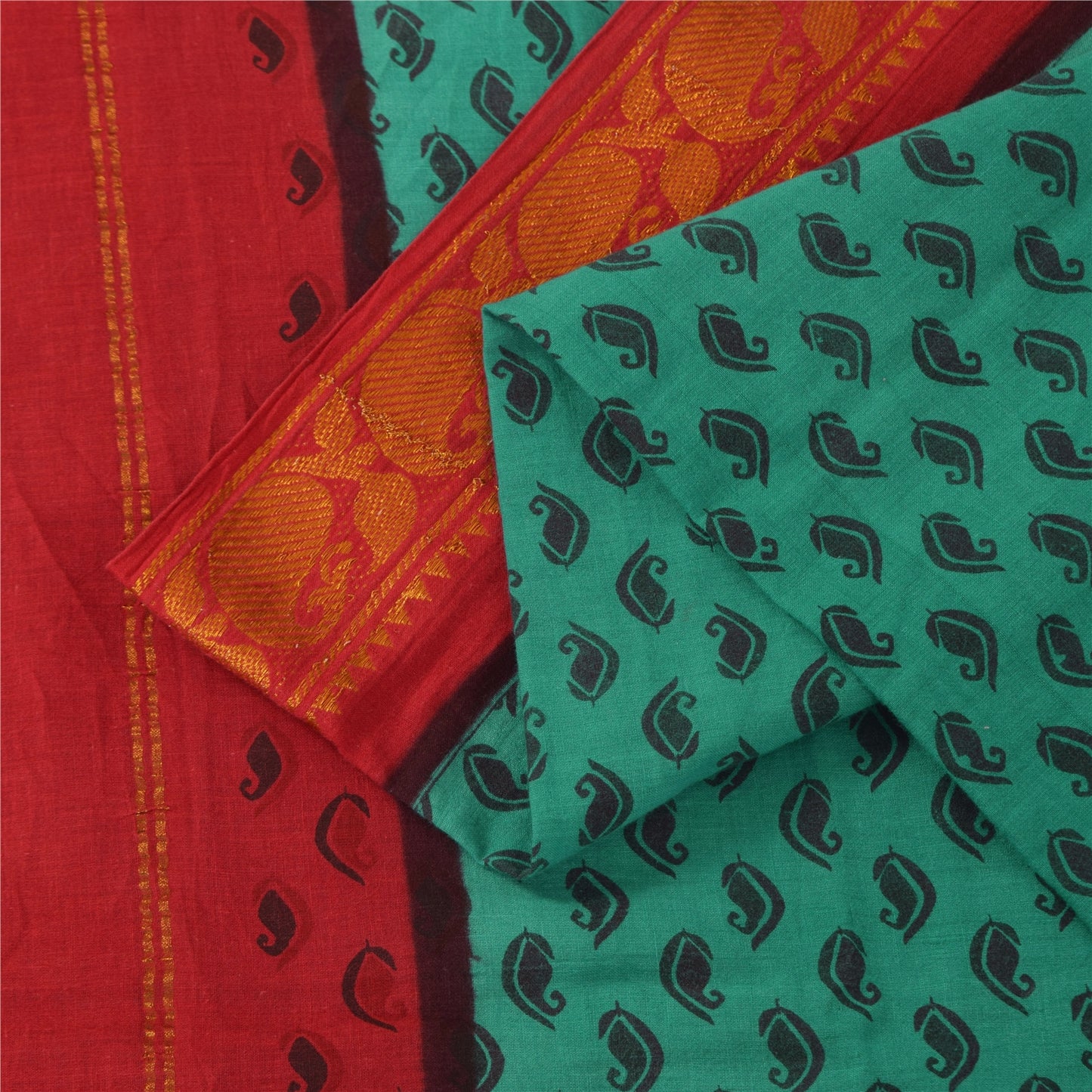 Sanskriti Vintage Sarees Green Pure Cotton Printed & Zari Woven 5+ydCraft Sustainable Fabric