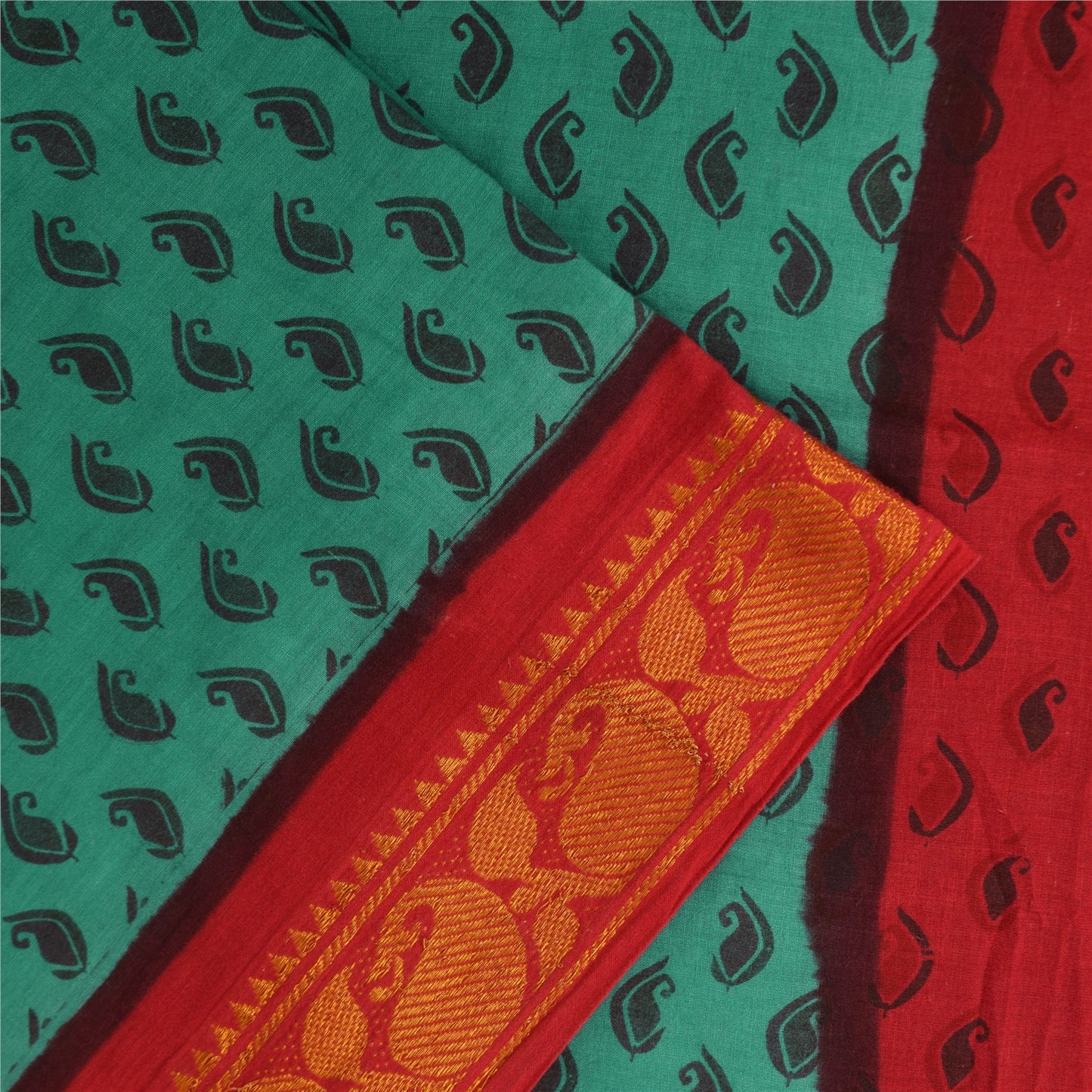 Sanskriti Vintage Sarees Green Pure Cotton Printed & Zari Woven 5+ydCraft Sustainable Fabric