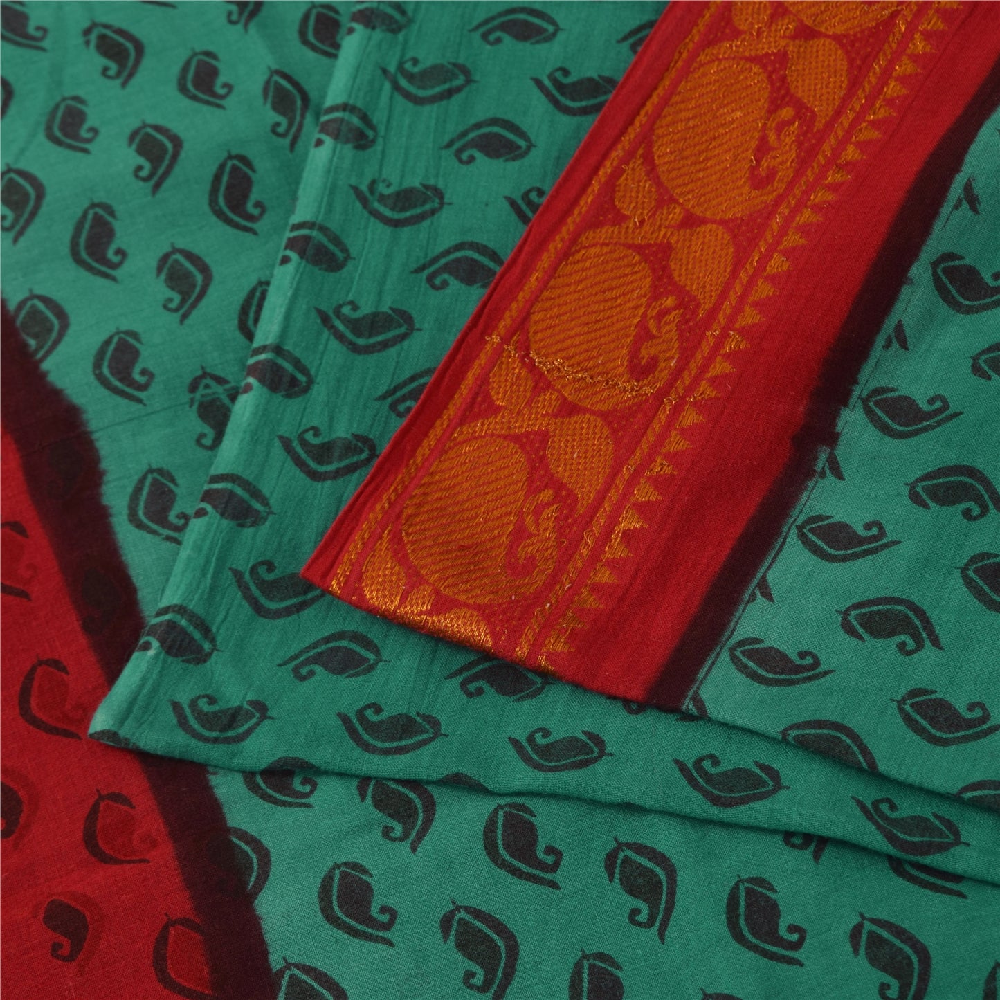 Sanskriti Vintage Sarees Green Pure Cotton Printed & Zari Woven 5+ydCraft Sustainable Fabric