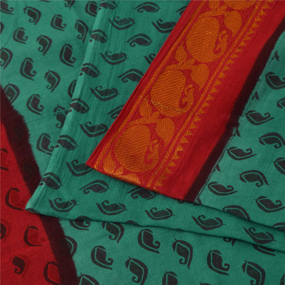 Sanskriti Vintage Sarees Green Pure Cotton Printed & Zari Woven 5+ydCraft Sustainable Fabric
