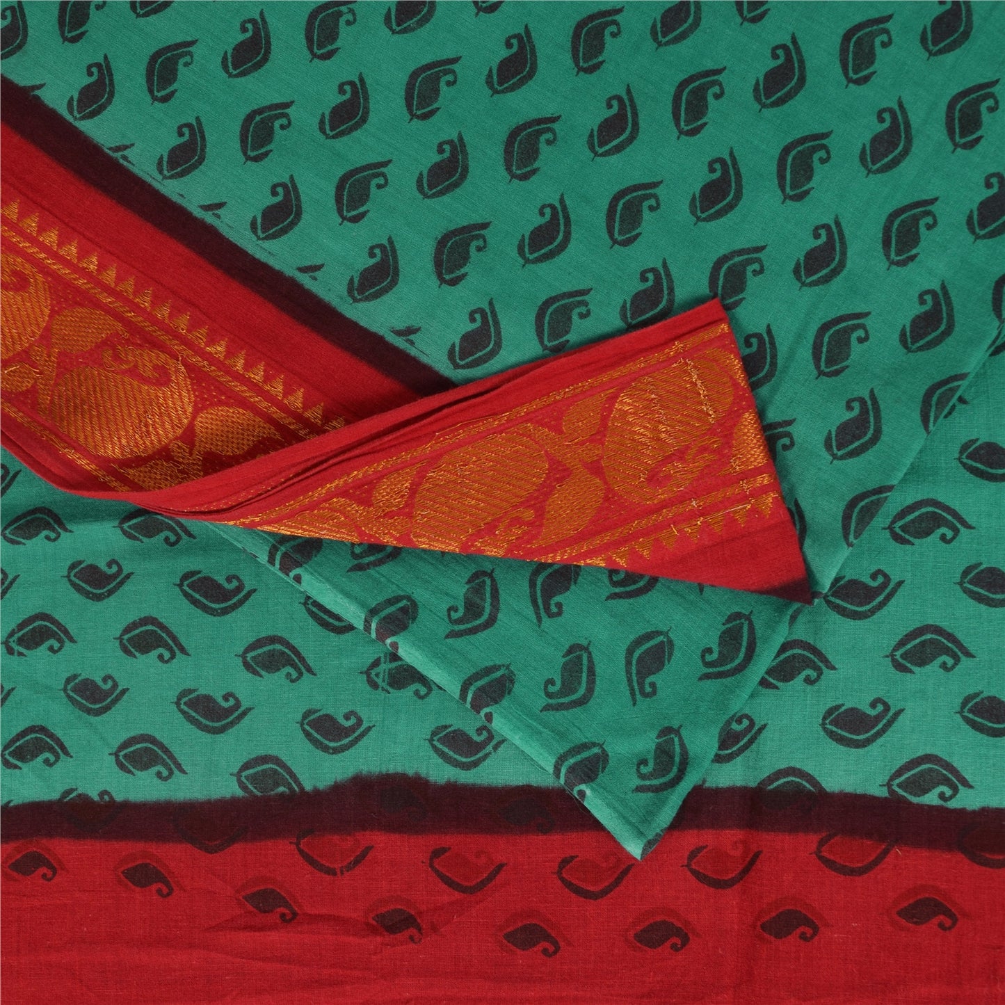 Sanskriti Vintage Sarees Green Pure Cotton Printed & Zari Woven 5+ydCraft Sustainable Fabric