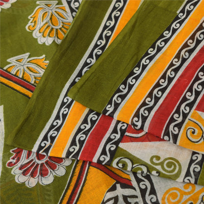 Sanskriti Vintage Sarees Indian Green Pure Cotton Printed Sari 5+yd Craft Sustainable Fabric