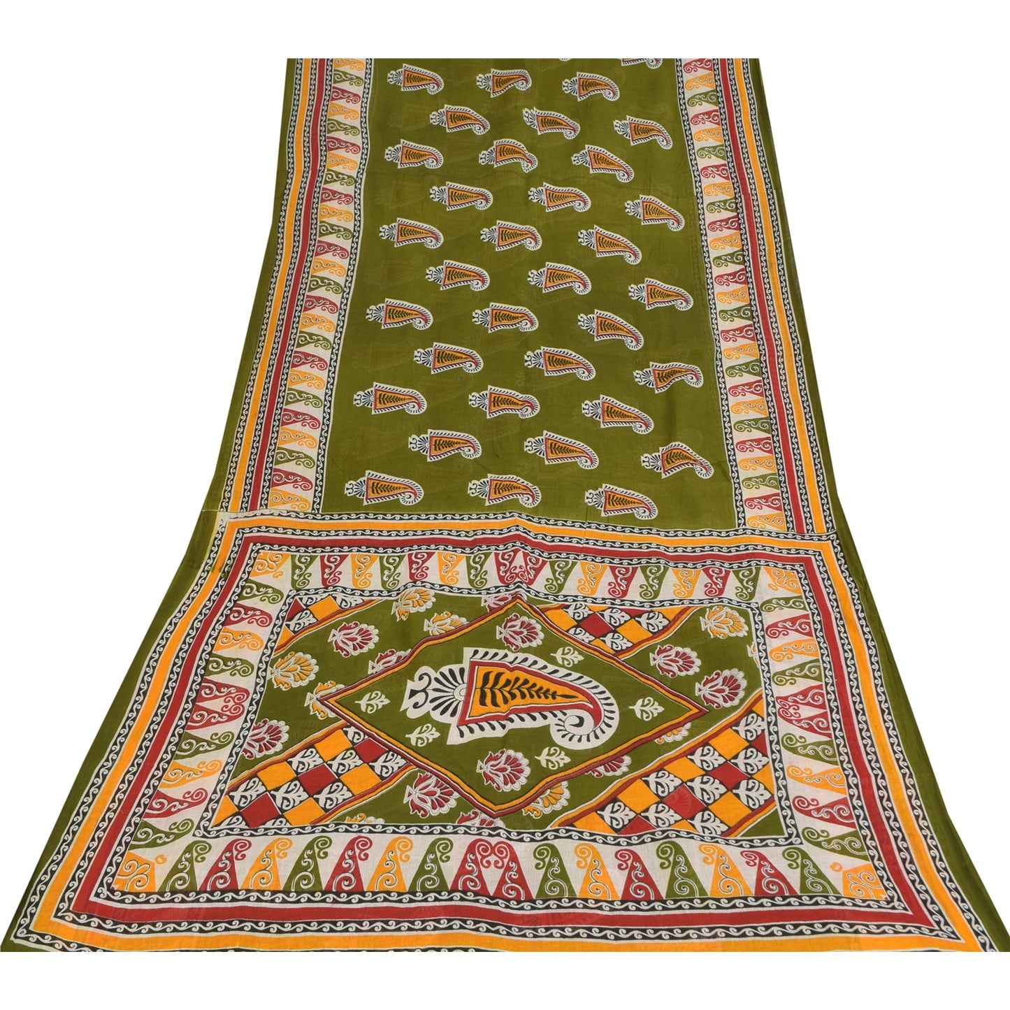 Sanskriti Vintage Sarees Indian Green Pure Cotton Printed Sari 5+yd Craft Sustainable Fabric